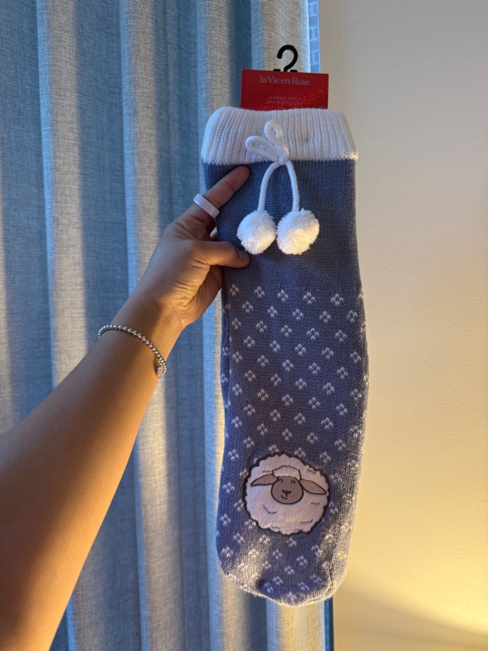 La Vie En Rose Blue and White Knit Sheep Socks with Pom-Poms